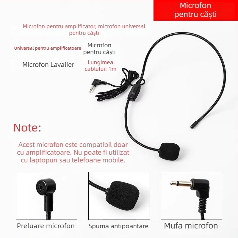 Microfon cu fir pentru profesori, microfon de conferință pentru prelegeri și transmisiuni live, cu bobină în mișcare, fără baterie
