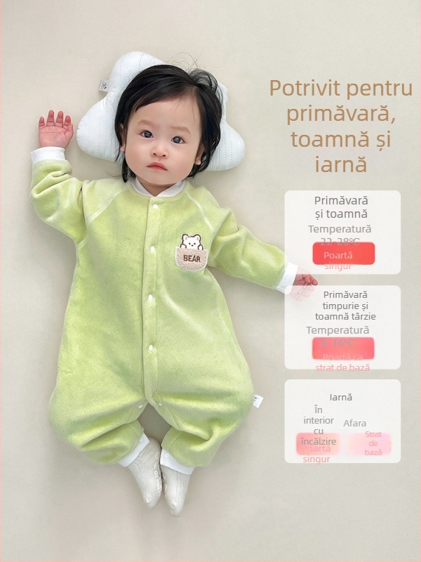 Combinezon pentru bebeluși pentru toamnă-iarnă, căptușit cu fleece, unisex, mâneci lungi, închidere cu nasturi, poliester subțire