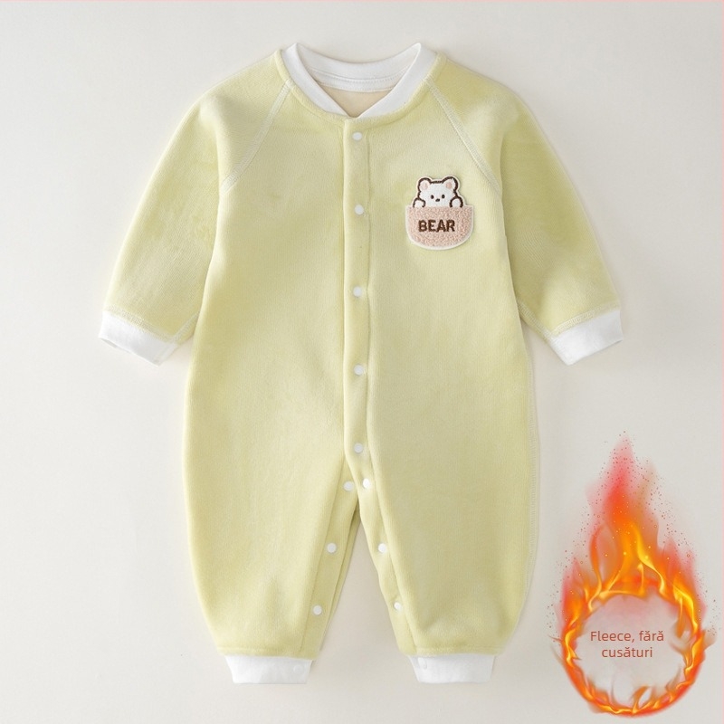 Combinezon pentru bebeluși pentru toamnă-iarnă, căptușit cu fleece, unisex, mâneci lungi, închidere cu nasturi, poliester subțire