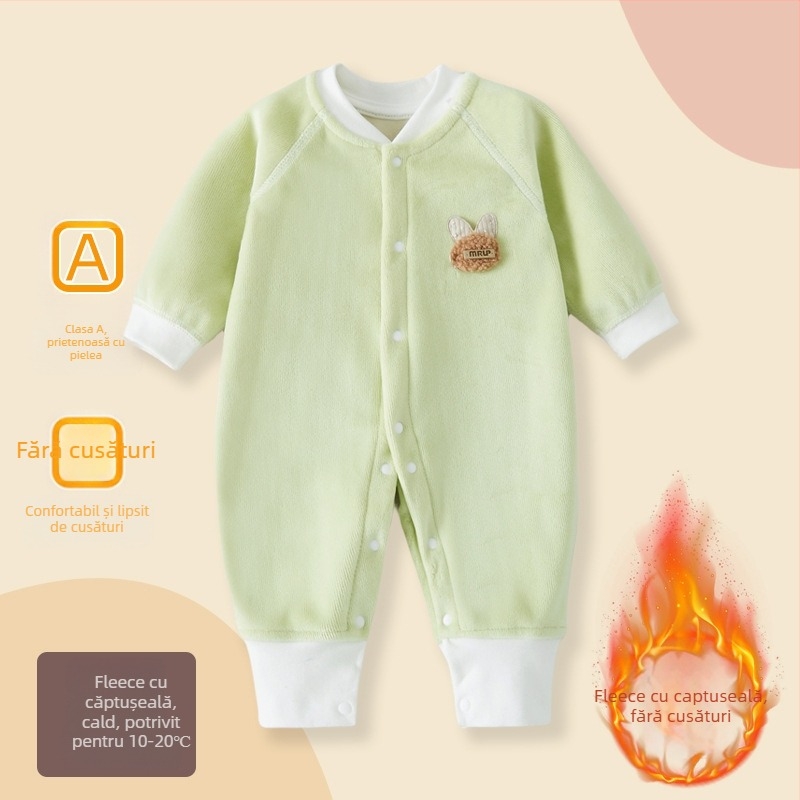 Combinezon pentru bebeluși pentru toamnă-iarnă, căptușit cu fleece, unisex, mâneci lungi, închidere cu nasturi, poliester subțire
