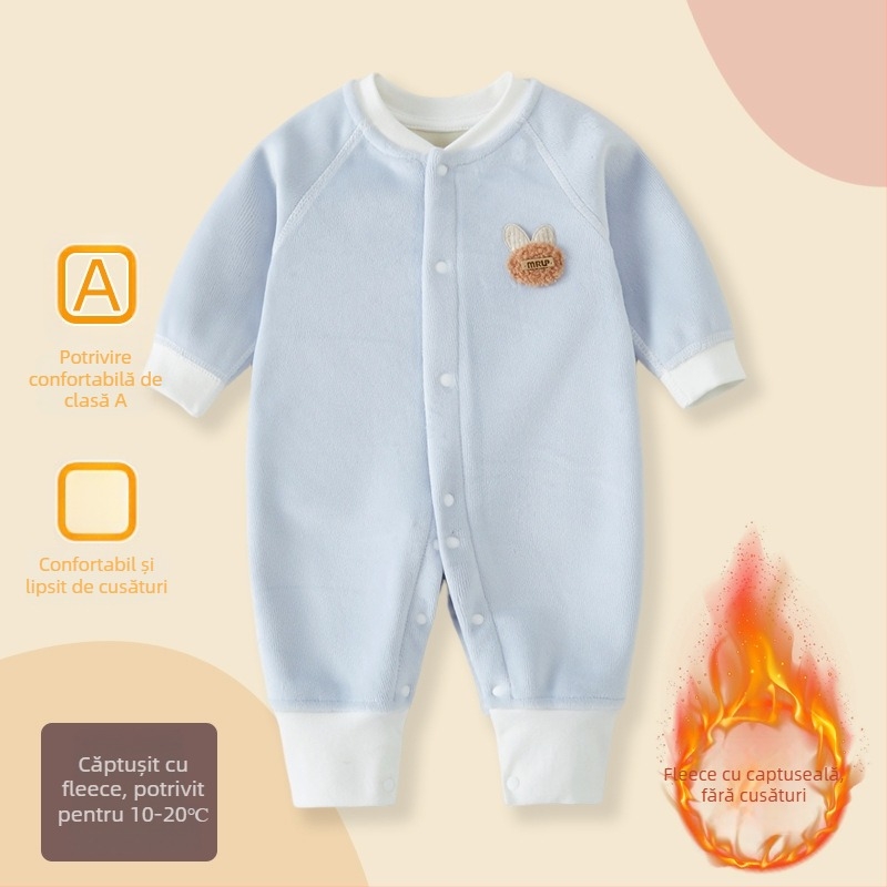 Combinezon pentru bebeluși pentru toamnă-iarnă, căptușit cu fleece, unisex, mâneci lungi, închidere cu nasturi, poliester subțire