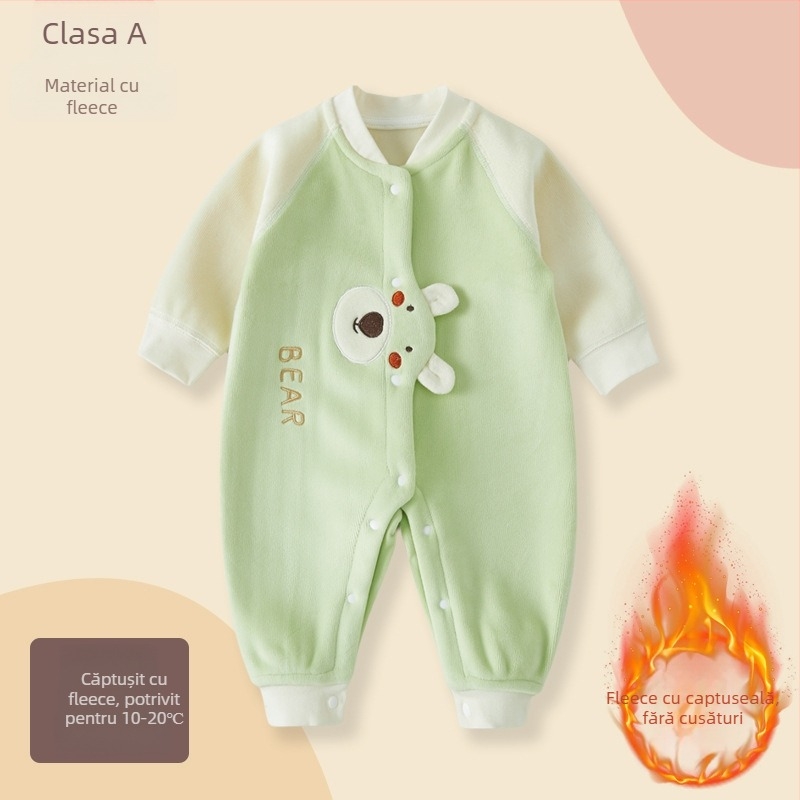 Combinezon pentru bebeluși pentru toamnă-iarnă, căptușit cu fleece, unisex, mâneci lungi, închidere cu nasturi, poliester subțire