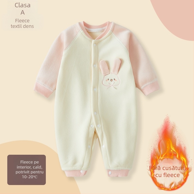 Combinezon pentru bebeluși pentru toamnă-iarnă, căptușit cu fleece, unisex, mâneci lungi, închidere cu nasturi, poliester subțire