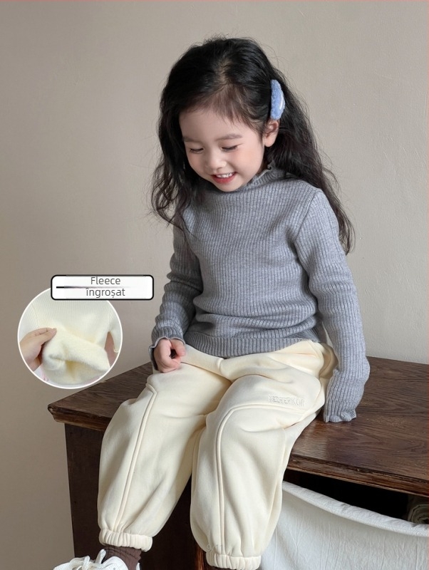 Pulover pentru copii din tricot cu căptușeală de fleece, unisex, mâneci lungi, guler rotund, tricot gros