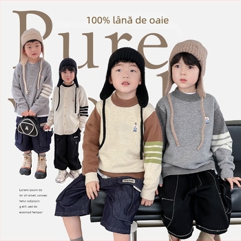 Pulover de copii din lână, stil coreean, guler rotund, mâneci lungi, model solid, pentru 3–8 ani, iarnă