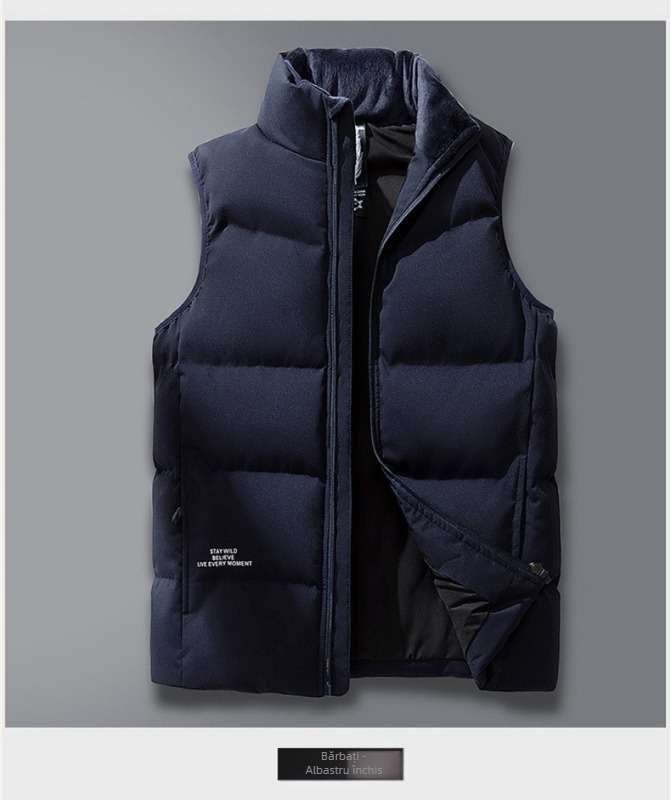 Vesta de puf unisex cu guler înalt, umplutură din puf de rață alb, conținut puf 46–50%, toamnă-iarnă