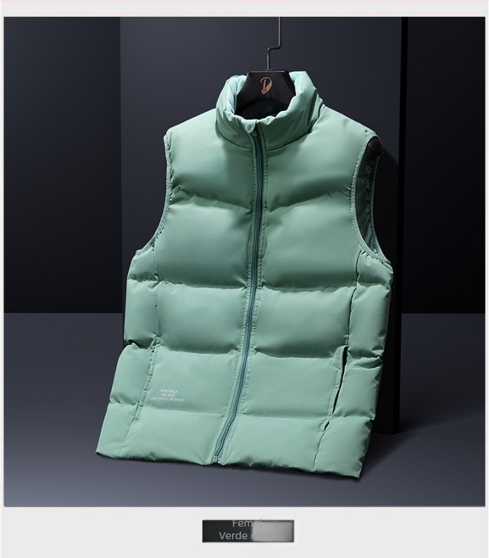 Vesta de puf unisex cu guler înalt, umplutură din puf de rață alb, conținut puf 46–50%, toamnă-iarnă