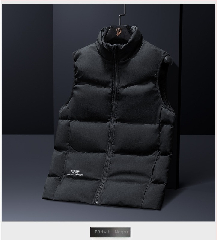 Vesta de puf unisex cu guler înalt, umplutură din puf de rață alb, conținut puf 46–50%, toamnă-iarnă