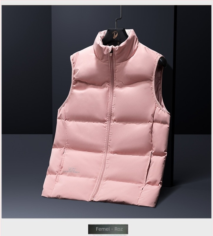 Vesta de puf unisex cu guler înalt, umplutură din puf de rață alb, conținut puf 46–50%, toamnă-iarnă