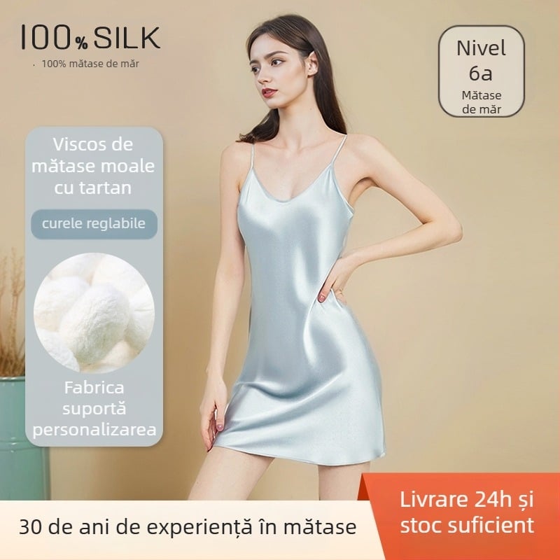 Pijamă din mătase Mulberry pentru femei, stil camisol, fără mâneci, decolteu în V, lungime scurtă, pentru toate sezoanele
