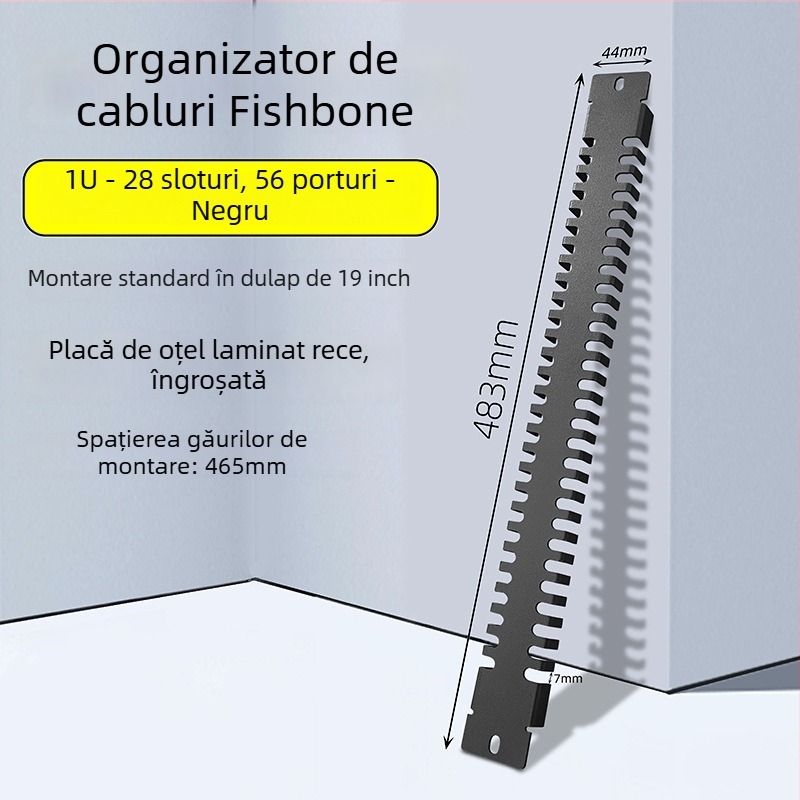 Panou de gestionare a cablurilor în dulap, 28 compartimente și 56 porturi, placă blind în formă de oase de pește