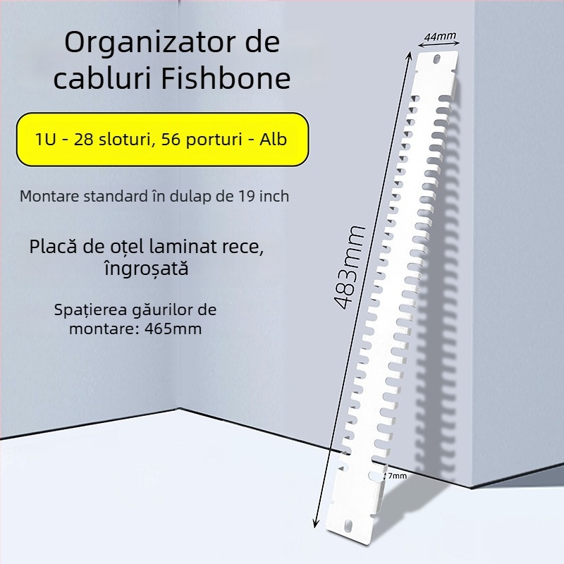 Panou de gestionare a cablurilor în dulap, 28 compartimente și 56 porturi, placă blind în formă de oase de pește