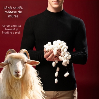 Tricou termic pentru bărbați din lână-mătase cu guler semiînalt, căptușit velur, grosime extra 301-350 g/m²