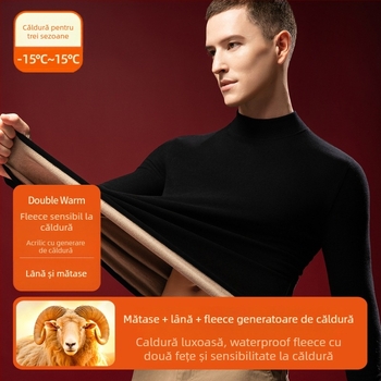 Tricou termic pentru bărbați din lână-mătase cu guler semiînalt, căptușit velur, grosime extra 301-350 g/m²