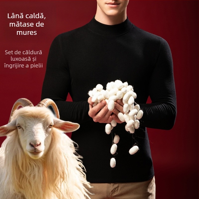 Tricou termic pentru bărbați din lână-mătase cu guler semiînalt, căptușit velur, grosime extra 301-350 g/m²