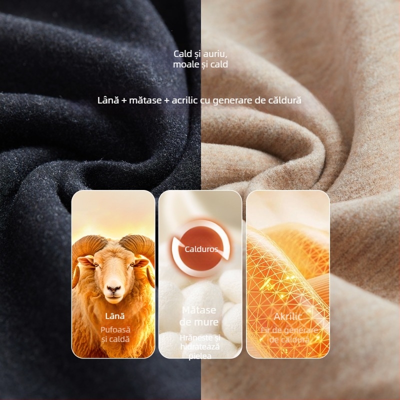 Tricou termic pentru bărbați din lână-mătase cu guler semiînalt, căptușit velur, grosime extra 301-350 g/m²