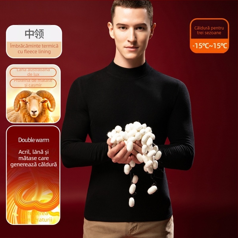 Tricou termic pentru bărbați din lână-mătase cu guler semiînalt, căptușit velur, grosime extra 301-350 g/m²