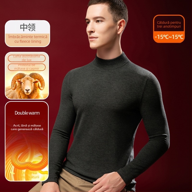Tricou termic pentru bărbați din lână-mătase cu guler semiînalt, căptușit velur, grosime extra 301-350 g/m²