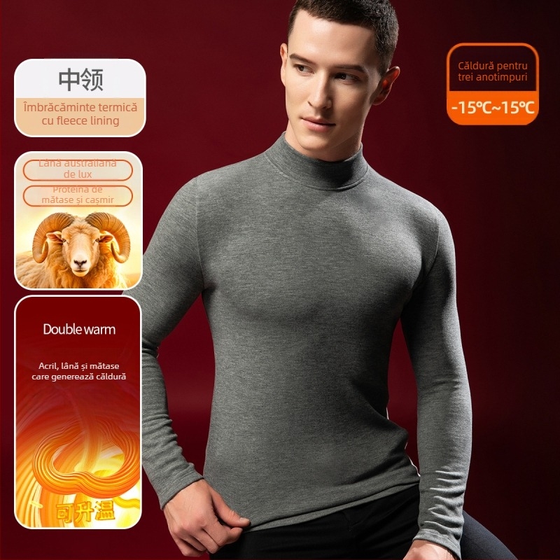 Tricou termic pentru bărbați din lână-mătase cu guler semiînalt, căptușit velur, grosime extra 301-350 g/m²