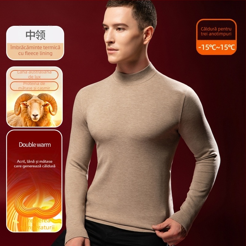 Tricou termic pentru bărbați din lână-mătase cu guler semiînalt, căptușit velur, grosime extra 301-350 g/m²