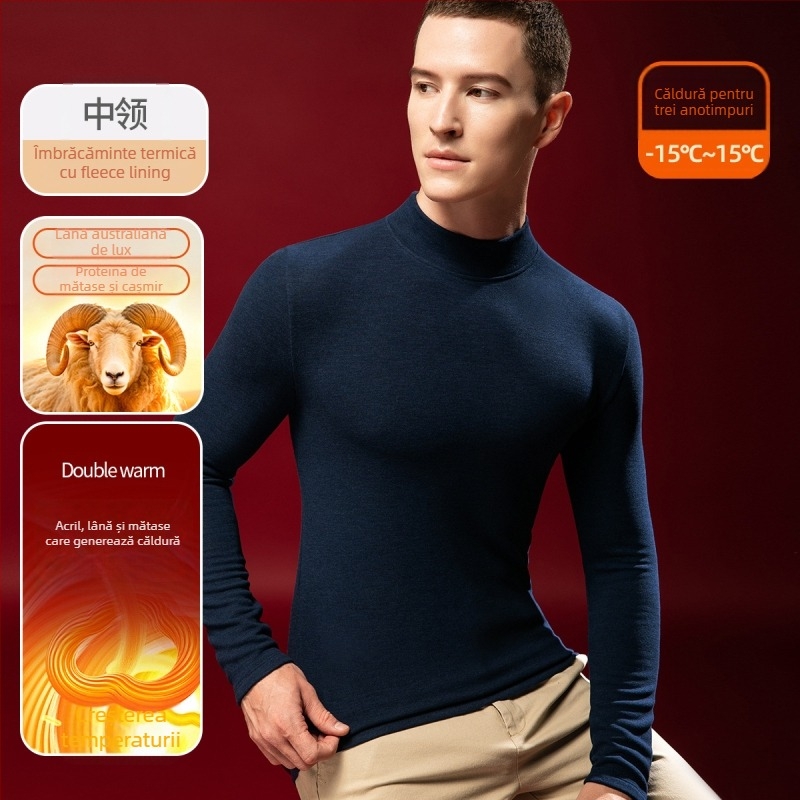 Tricou termic pentru bărbați din lână-mătase cu guler semiînalt, căptușit velur, grosime extra 301-350 g/m²
