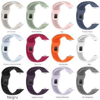 Bratara din silicon pentru Huawei Fit4 și GT5 – respirabilă, multicoloră cu perforații (Material: silicon; Modele compatibile: Huawei Fit4, GT5; Închidere: buton snap; Greutate: 18 g)