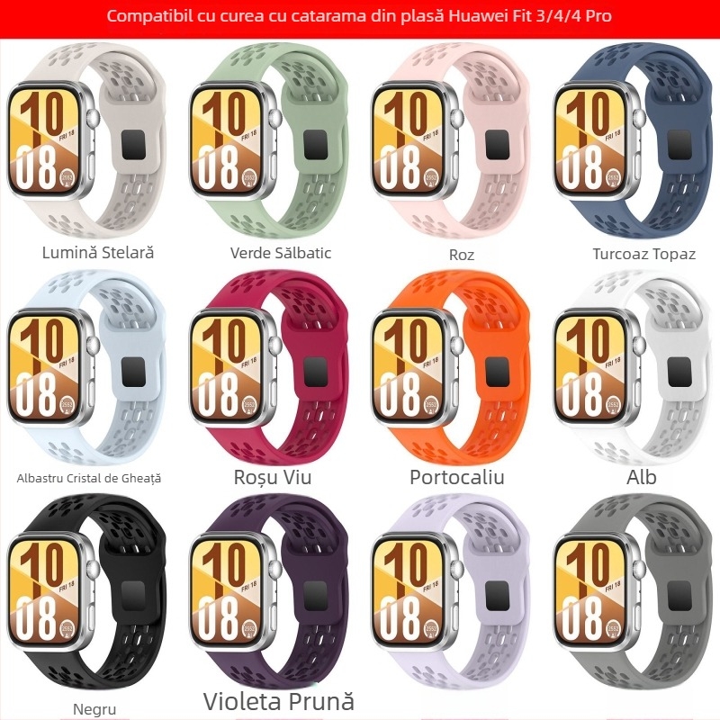 Bratara din silicon pentru Huawei Fit4 și GT5 – respirabilă, multicoloră cu perforații (Material: silicon; Modele compatibile: Huawei Fit4, GT5; Închidere: buton snap; Greutate: 18 g)
