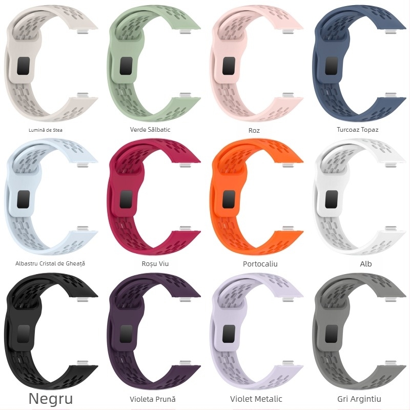 Bratara din silicon pentru Huawei Fit4 și GT5 – respirabilă, multicoloră cu perforații (Material: silicon; Modele compatibile: Huawei Fit4, GT5; Închidere: buton snap; Greutate: 18 g)