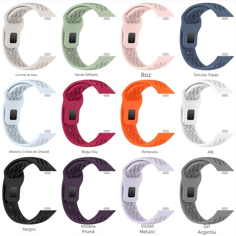 Bratara din silicon pentru Huawei Fit4 și GT5 – respirabilă, multicoloră cu perforații (Material: silicon; Modele compatibile: Huawei Fit4, GT5; Închidere: buton snap; Greutate: 18 g)