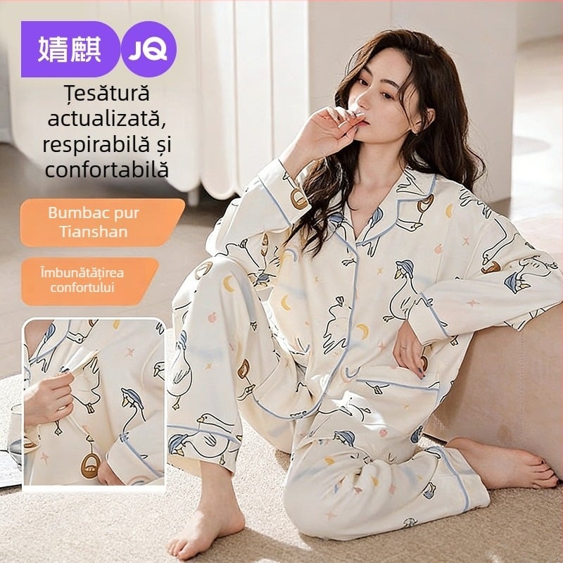 Jingqi Pijamale maternitate din bumbac 100% — postpartum, pentru alăptare, toamnă-iarnă, haine de casă groase pentru femei