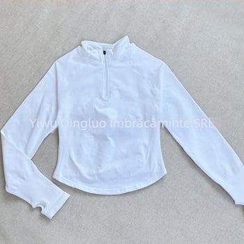 Jachetă de yoga cu mâneci lungi, croială strânsă, lungime talie, fermoar parțial și guler înalt, material ce evacuează umezeala nylon-spandex