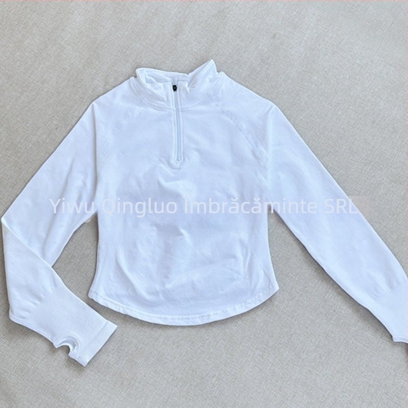 Jachetă de yoga cu mâneci lungi, croială strânsă, lungime talie, fermoar parțial și guler înalt, material ce evacuează umezeala nylon-spandex