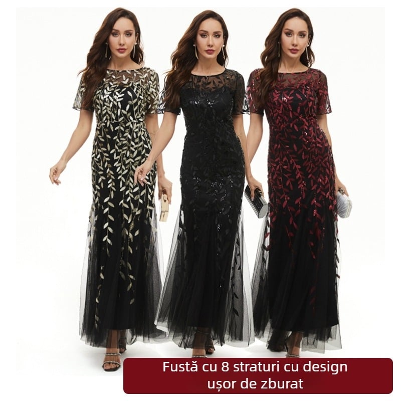 Rochie de domnișoară de onoare brodată cu paiete, croială A-line, mâneci 3/4, lungime midi, talie înaltă