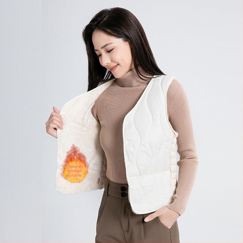 Vesta din bumbac pentru femei, căptușită cu fleece, pentru toamnă-iarnă, croială regulată, guler polo, închidere cu nasturi