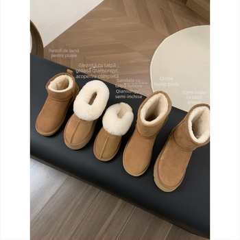 Ghete de zăpadă din lână pentru femei, cu căptușeală din blană reală și talpă groasă; exterior nubuk din piele de vițel; înălțime joasă; interior: lână și cașmir; branț: piele de oaie; talpă din cauciuc spumos (Exterior: nubuk vițel; Interior: lână+cașmir;
