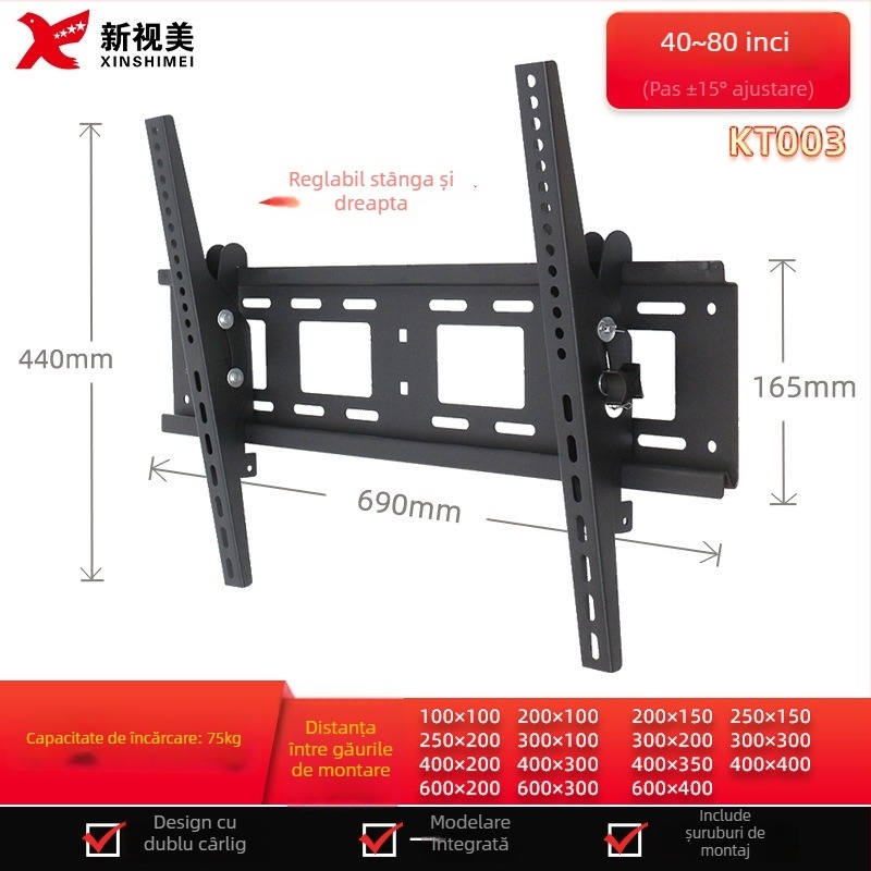 Suport de perete reglabil pentru televizor cu ecran plat, model KTC55, material: oțel laminat la rece, greutate 2,4 kg