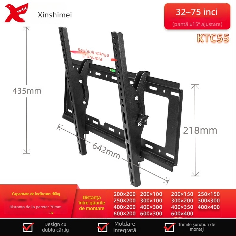 Suport de perete reglabil pentru televizor cu ecran plat, model KTC55, material: oțel laminat la rece, greutate 2,4 kg
