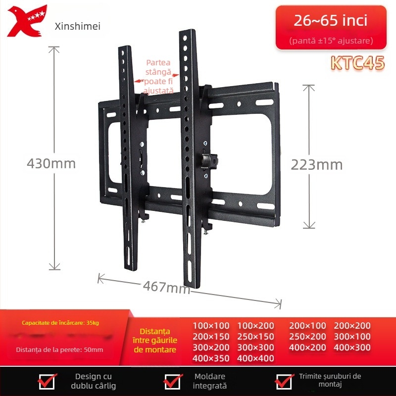 Suport de perete reglabil pentru televizor cu ecran plat, model KTC55, material: oțel laminat la rece, greutate 2,4 kg