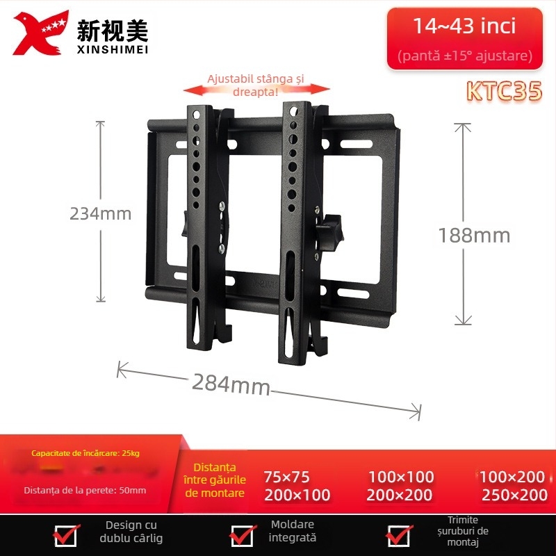 Suport de perete reglabil pentru televizor cu ecran plat, model KTC55, material: oțel laminat la rece, greutate 2,4 kg
