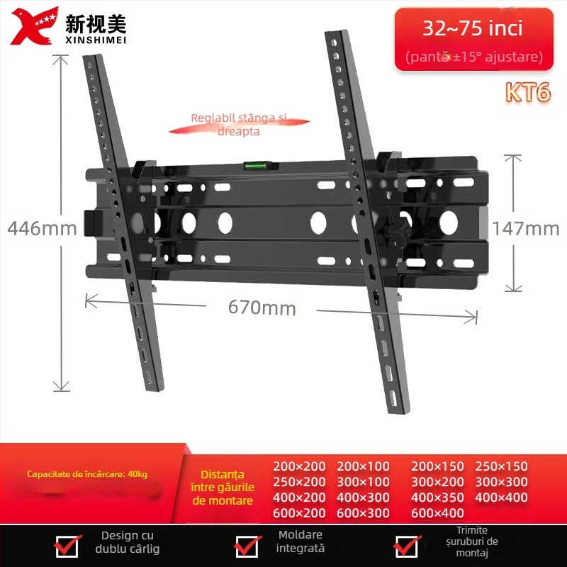 Suport de perete reglabil pentru televizor cu ecran plat, model KTC55, material: oțel laminat la rece, greutate 2,4 kg