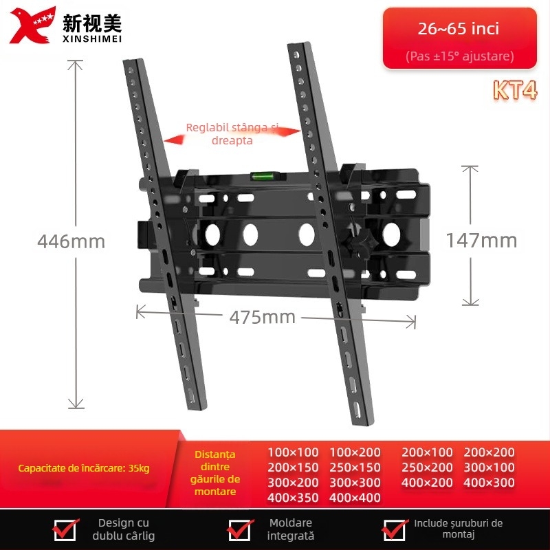 Suport de perete reglabil pentru televizor cu ecran plat, model KTC55, material: oțel laminat la rece, greutate 2,4 kg