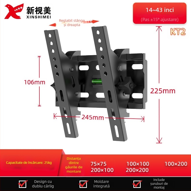 Suport de perete reglabil pentru televizor cu ecran plat, model KTC55, material: oțel laminat la rece, greutate 2,4 kg