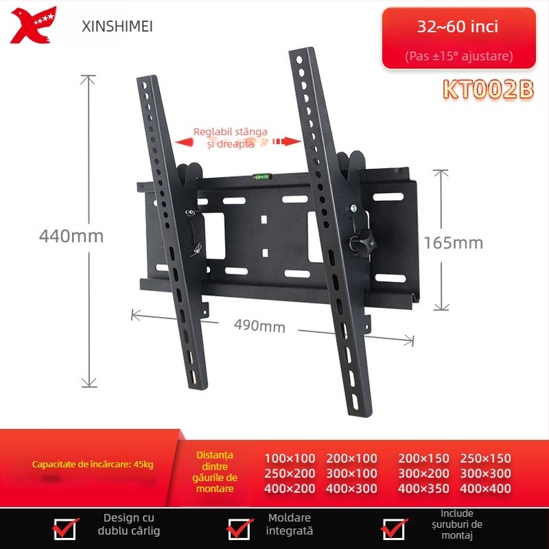 Suport de perete reglabil pentru televizor cu ecran plat, model KTC55, material: oțel laminat la rece, greutate 2,4 kg