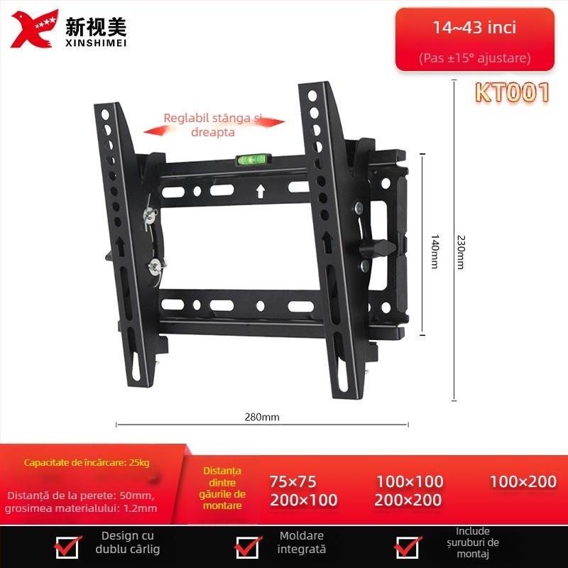 Suport de perete reglabil pentru televizor cu ecran plat, model KTC55, material: oțel laminat la rece, greutate 2,4 kg