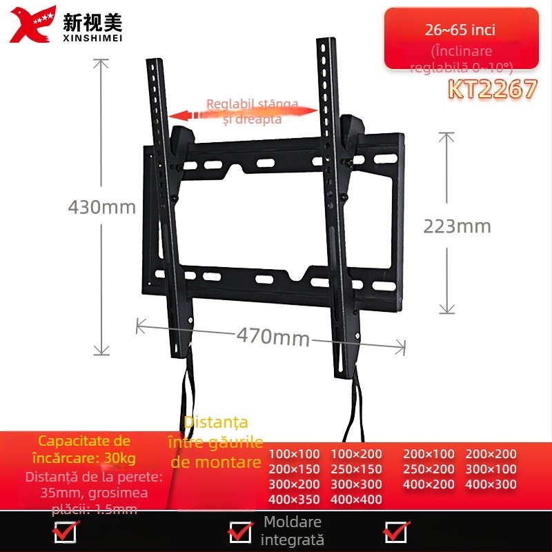 Suport de perete reglabil pentru televizor cu ecran plat, model KTC55, material: oțel laminat la rece, greutate 2,4 kg