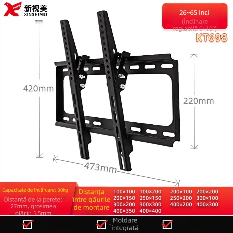 Suport de perete reglabil pentru televizor cu ecran plat, model KTC55, material: oțel laminat la rece, greutate 2,4 kg