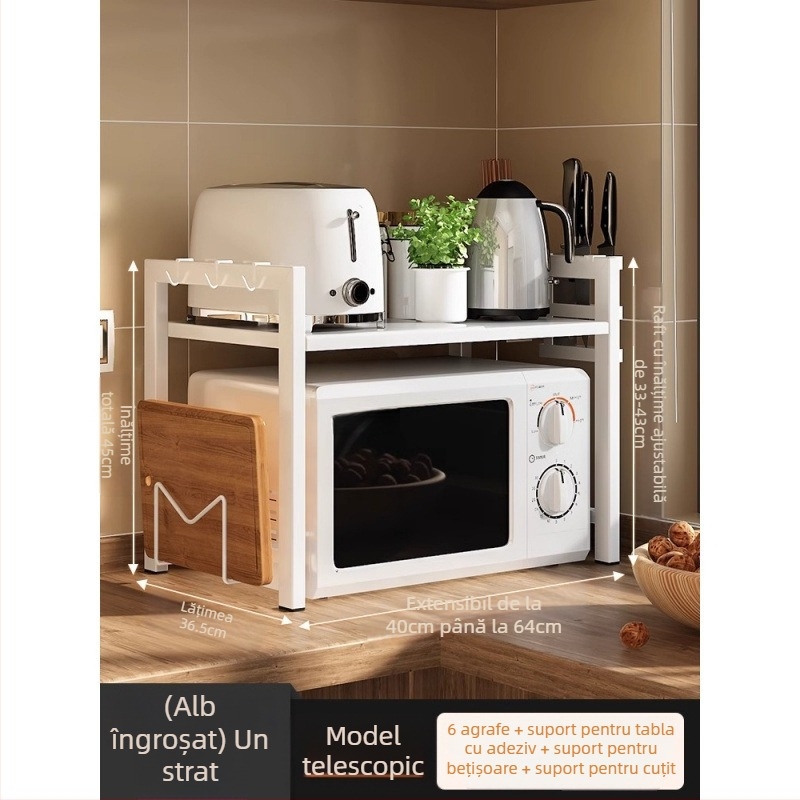 Raft extensibil de bucătărie pentru cuptor cu microunde și vas de gătit orez, dublu nivel, din oțel-carbon, fără montaj, pentru blat