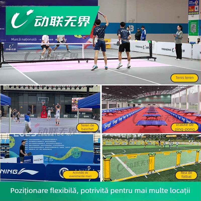 Gardă mobilă pentru pickleball și tenis cu suport display publicitar, cadru de teren, versiune A, pliabil. Material: țesătură warp-knit 250 g/m²; țeavă de aluminiu, necorozivă. Greutate: 5,2 kg. Potrivit pentru împărțirea zonelor de pickleball, fotbal și e