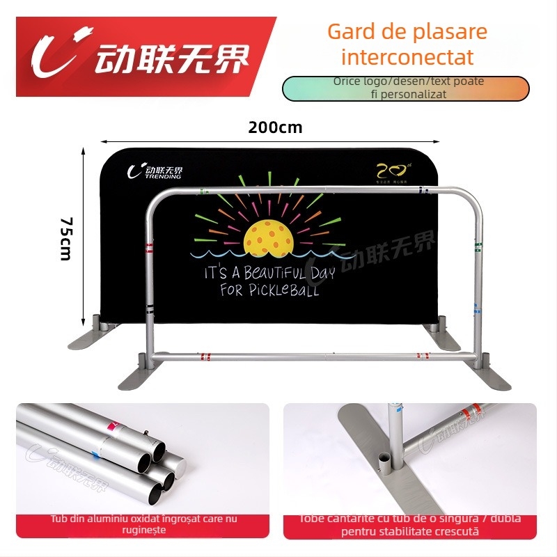 Gardă mobilă pentru pickleball și tenis cu suport display publicitar, cadru de teren, versiune A, pliabil. Material: țesătură warp-knit 250 g/m²; țeavă de aluminiu, necorozivă. Greutate: 5,2 kg. Potrivit pentru împărțirea zonelor de pickleball, fotbal și e