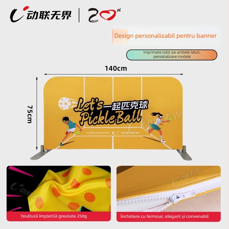 Gardă mobilă pentru pickleball și tenis cu suport display publicitar, cadru de teren, versiune A, pliabil. Material: țesătură warp-knit 250 g/m²; țeavă de aluminiu, necorozivă. Greutate: 5,2 kg. Potrivit pentru împărțirea zonelor de pickleball, fotbal și e